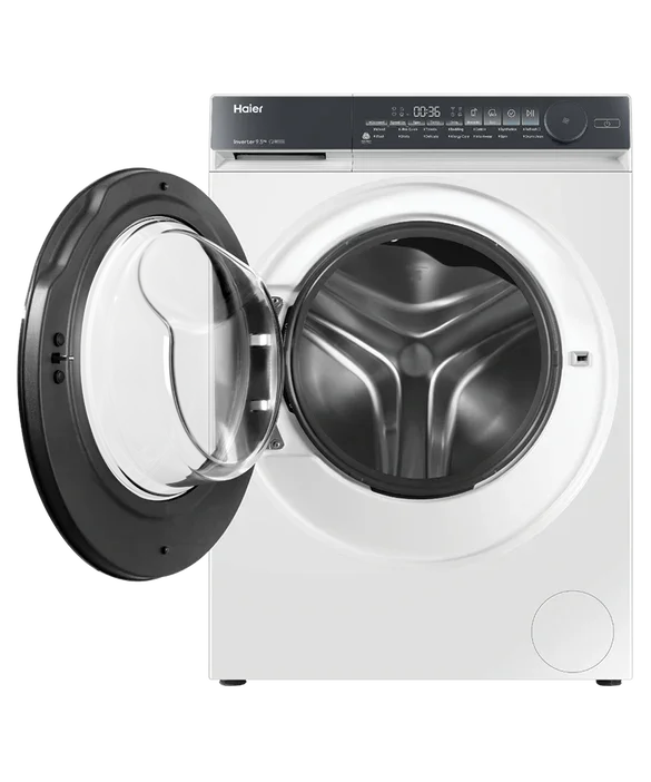 Haier front-load washing machine with open door and sleek design
