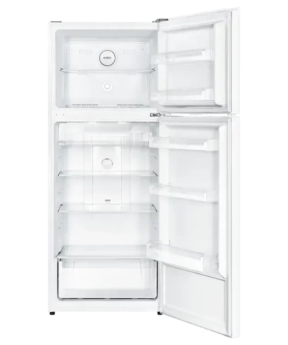 White top-freezer refrigerator with open doors, showcasing spacious interior shelves and compartments for kitchen storage.