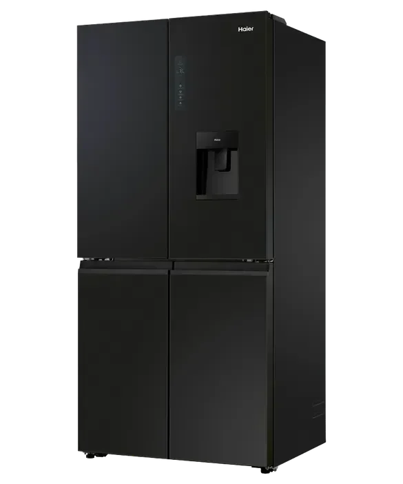 Sleek black Haier 4-door refrigerator with water dispenser, modern kitchen appliance