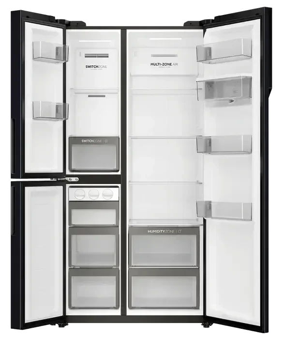 Black French door refrigerator with Switch Zone, Multi-Zone Air, and Humidity Zone compartments open for view
