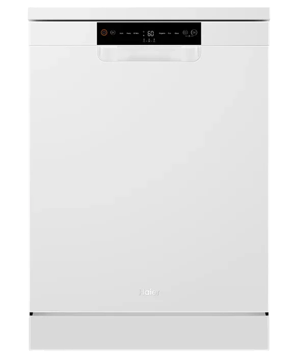 White Haier dishwasher with digital control panel