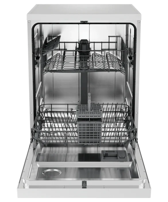 Stainless steel dishwasher with open door and adjustable racks inside