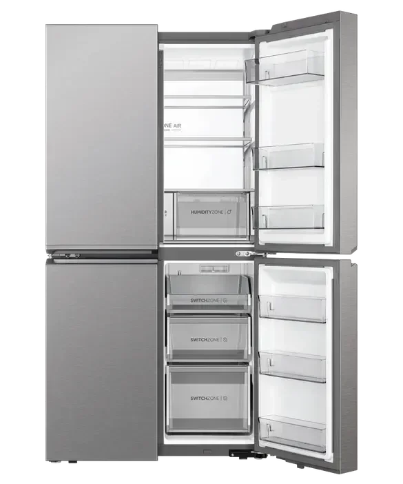 Stainless steel French door refrigerator with humidity zone and switch zone drawers, ideal for modern kitchens.