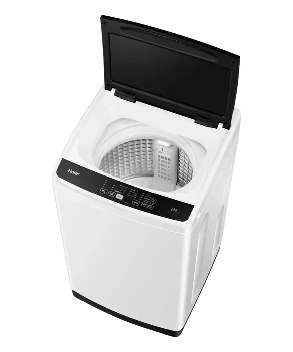 Haier top load washing machine with open lid, modern design, digital controls, white finish