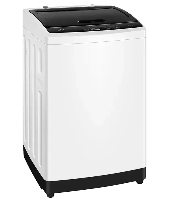 White Haier top load washing machine with black control panel and base, 7kg capacity