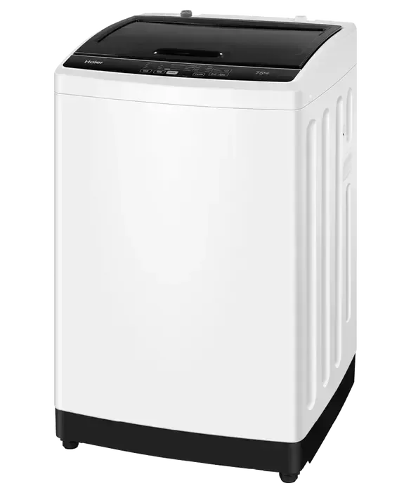 White Haier top load washing machine with black control panel and base, ideal for modern home laundry