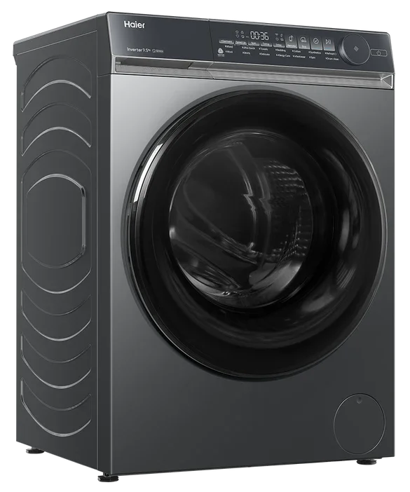 Haier front load washing machine with digital display and sleek black design for modern kitchens