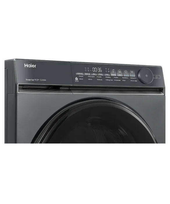 Haier front load washer with digital display and inverter motor, sleek black design for modern laundry rooms