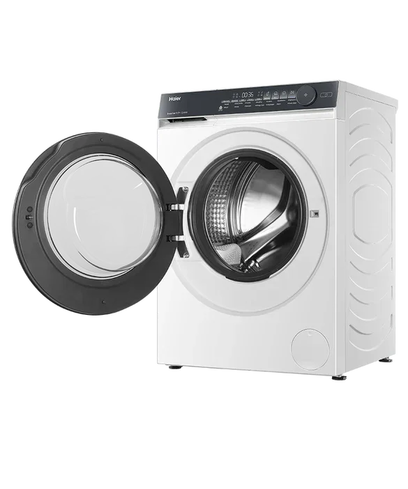 Haier front load washing machine with open door, modern laundry appliance for home use