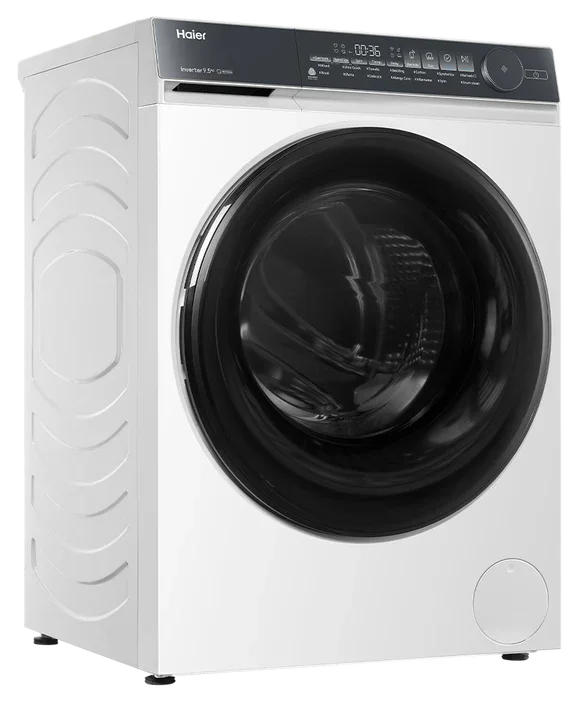 Haier front load washing machine with digital display and inverter motor, sleek white design for modern kitchens