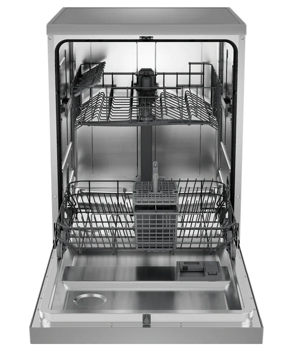 Stainless steel dishwasher with open door and adjustable racks inside