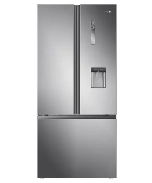 Stainless steel French door refrigerator with water dispenser, modern kitchen appliance