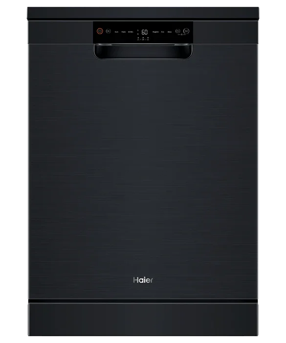 Haier black stainless steel dishwasher with digital control panel, sleek modern kitchen appliance