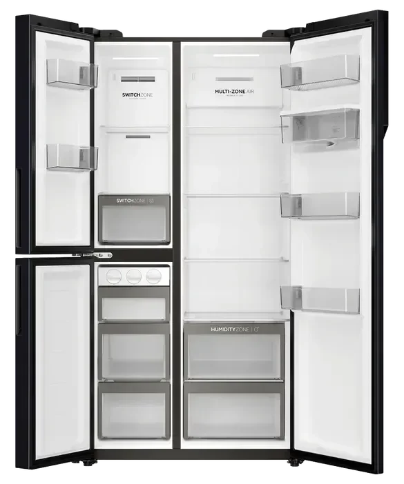 Falcon premium European glass black upright 1100mm induction cooker with open doors, interior compartments and shelves visible.