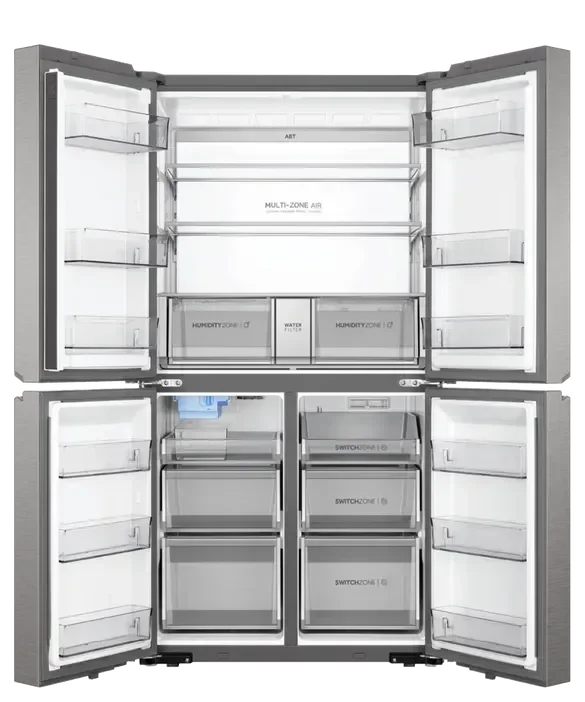 Falcon premium European Glass Black 1100mm induction cooker with multi-zone compartments, open doors, modern design.