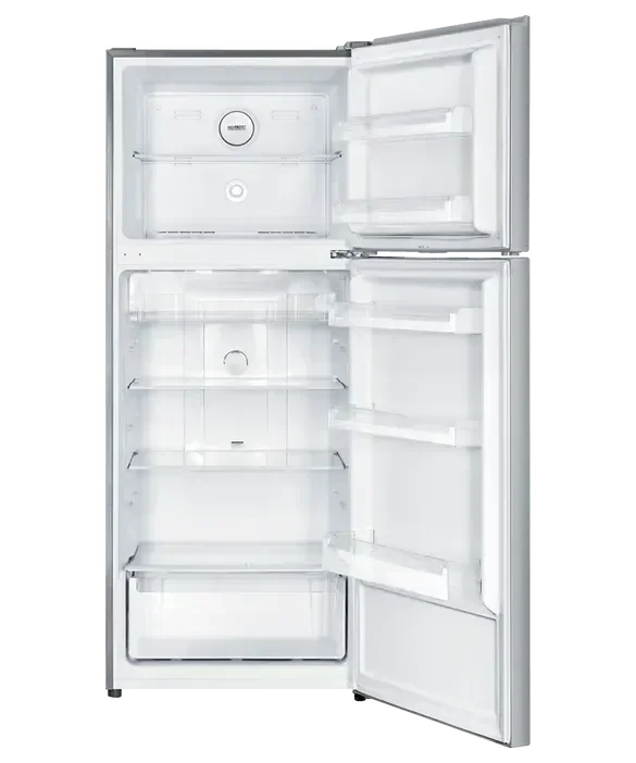 Interior of a double door refrigerator with glass shelves and door bins, empty and clean