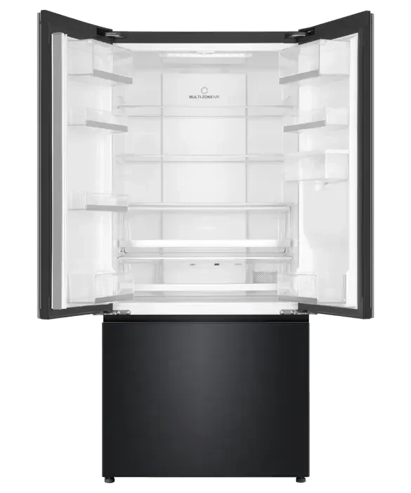 Modern black French door refrigerator with open doors, spacious interior, and bottom freezer.