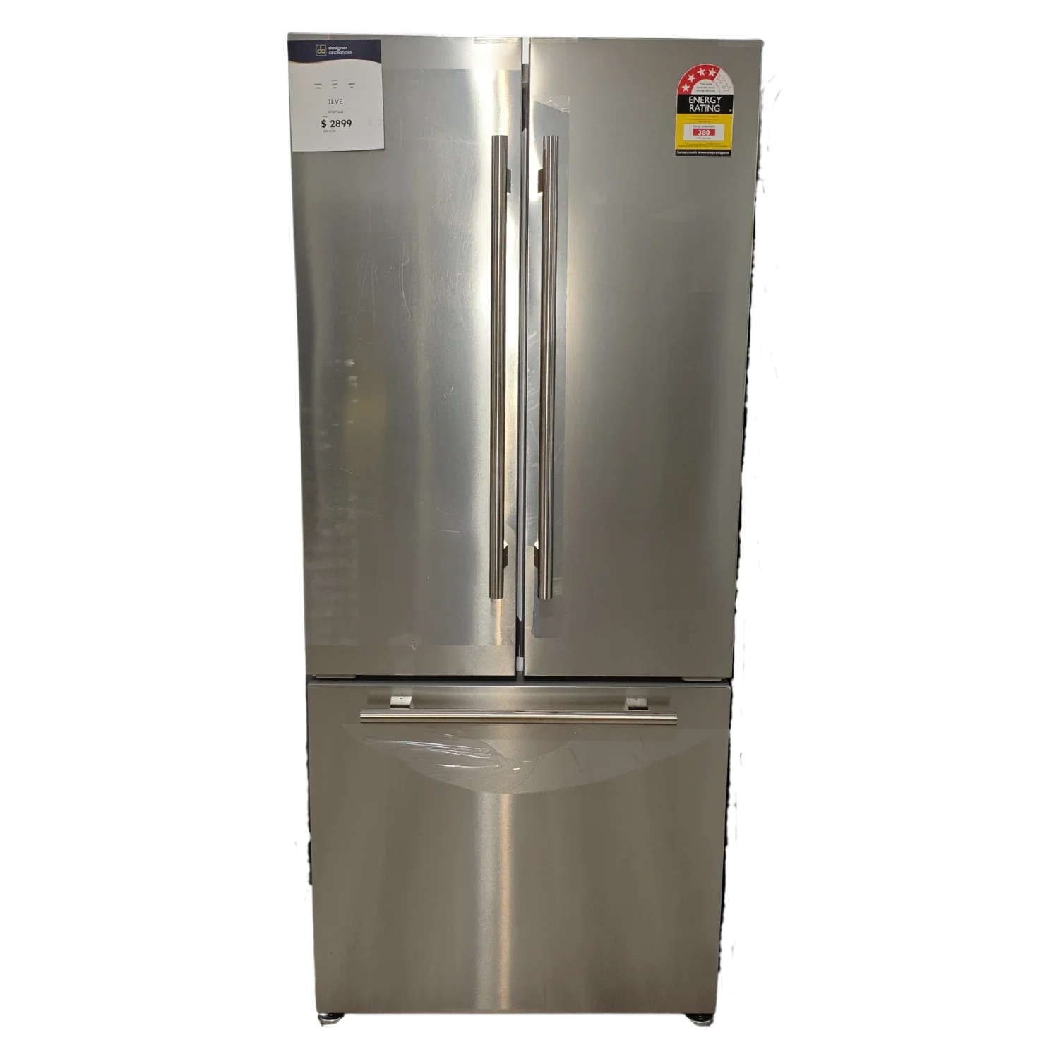 Stainless steel French door refrigerator with energy rating label and price tag