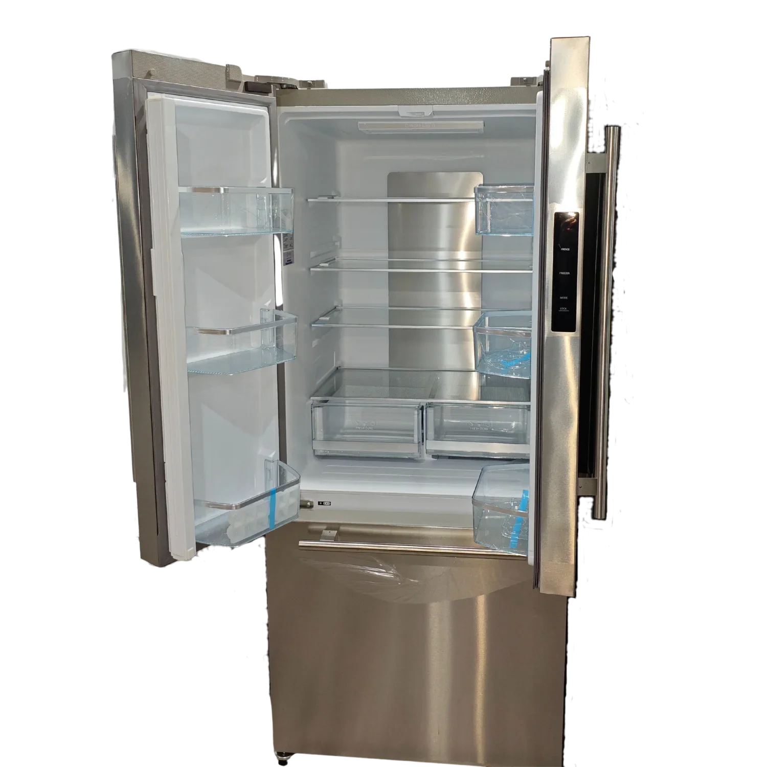 Stainless steel French door refrigerator with open doors and clear glass shelves