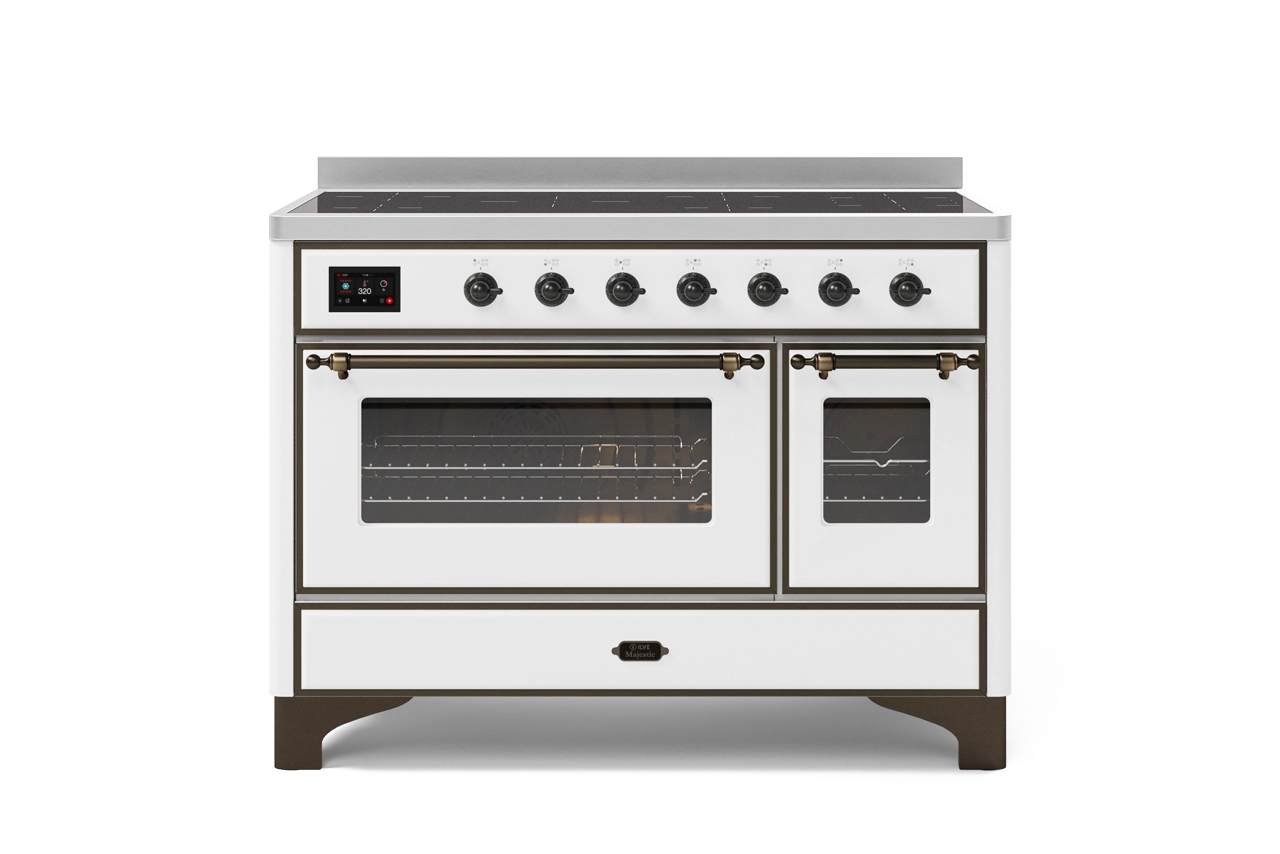 White dual-fuel range with induction cooktop, double oven, and bronze handles for luxury kitchen design