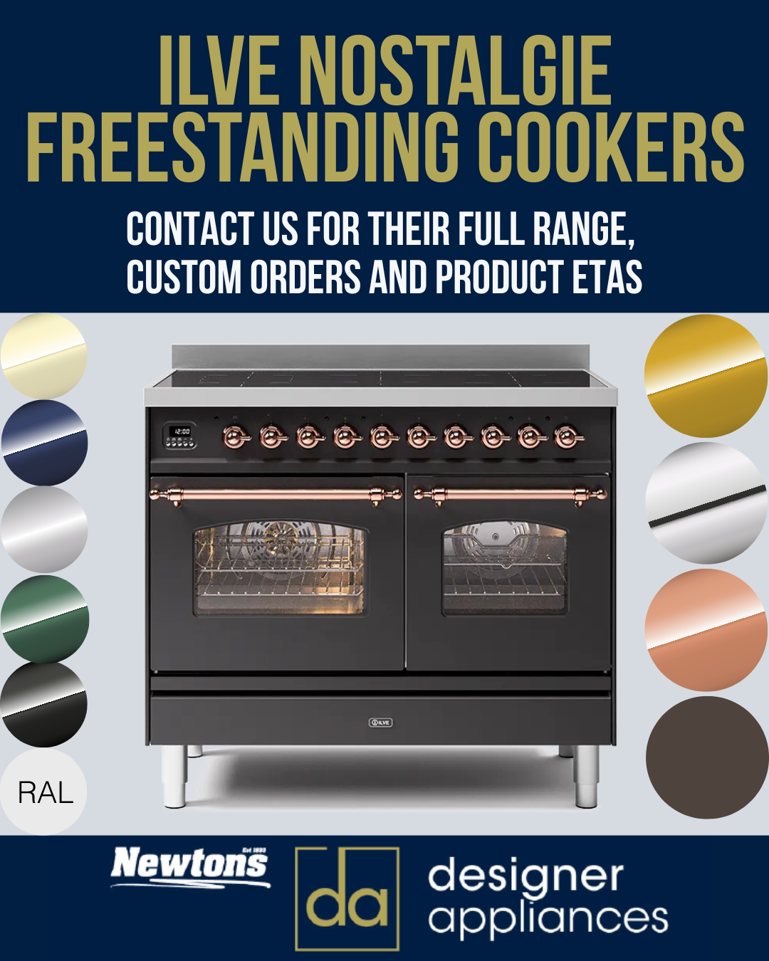 ILVE Nostalgie freestanding cooker with copper handles, available in multiple RAL colors for designer kitchens