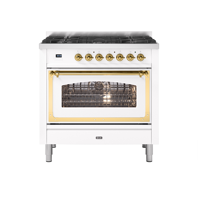 White freestanding gas range with gold trim and oven window, designer kitchen appliance