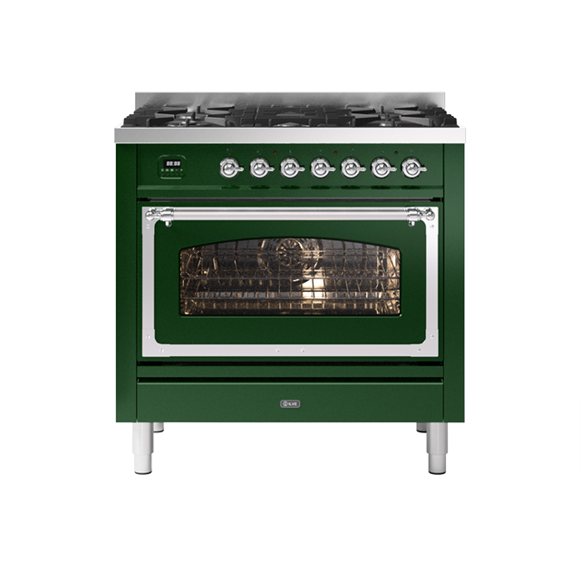 Emerald green freestanding gas range with oven, stainless steel trim, and chrome knobs for modern kitchen design