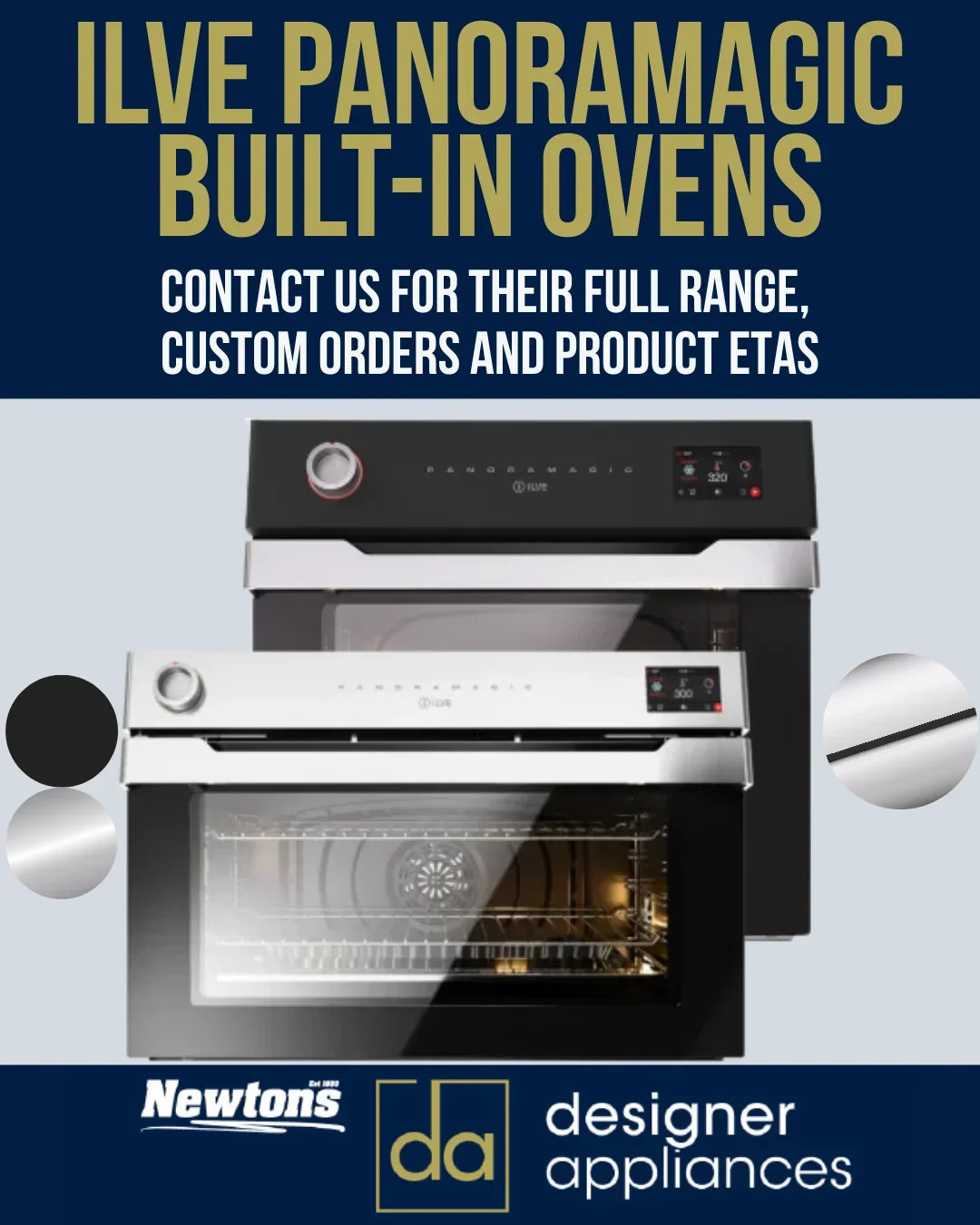 Ilve Panoramagic built-in ovens in black and stainless steel finishes from newtonshomeappliances.