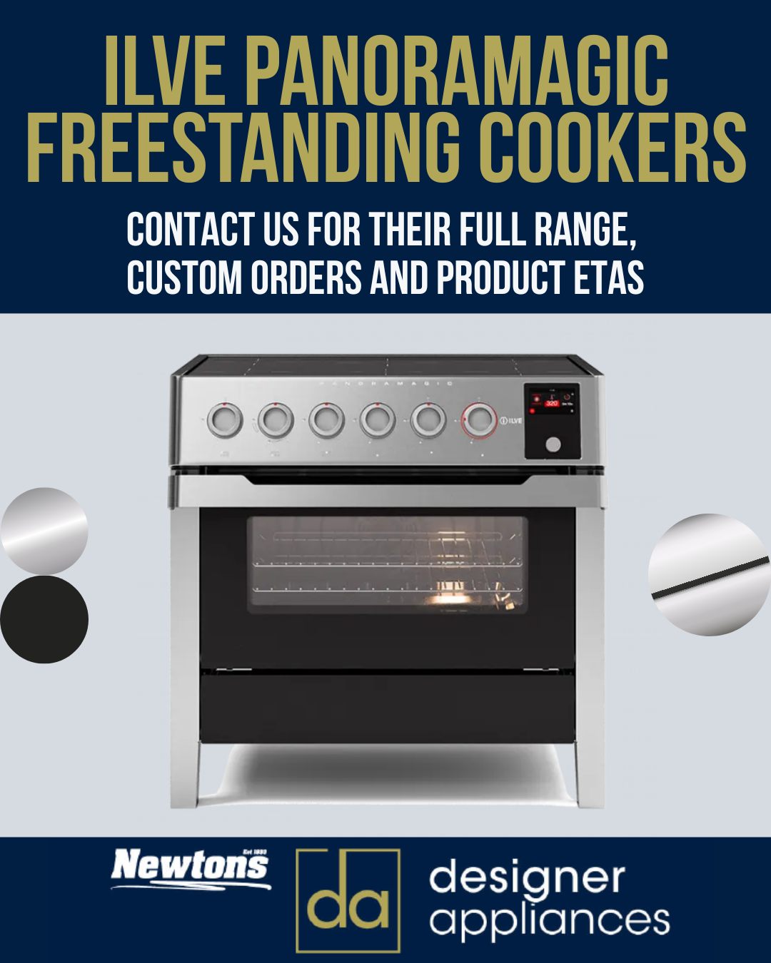 ILVE Panoramagic freestanding cooker with stainless steel finish and digital controls, ideal for modern kitchens