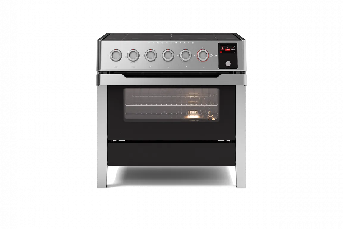 Stainless steel electric range with digital display and oven, perfect for modern kitchen appliance needs