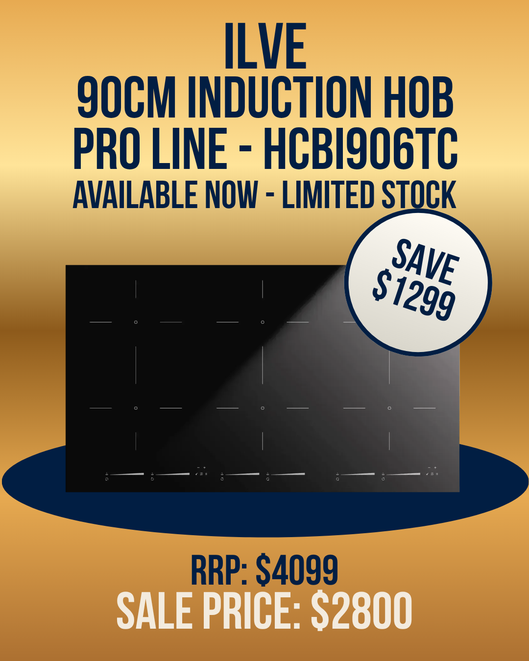 ILVE 90cm induction hob Pro Line HCBI906TC, sleek black cooktop, save $1299, limited stock
