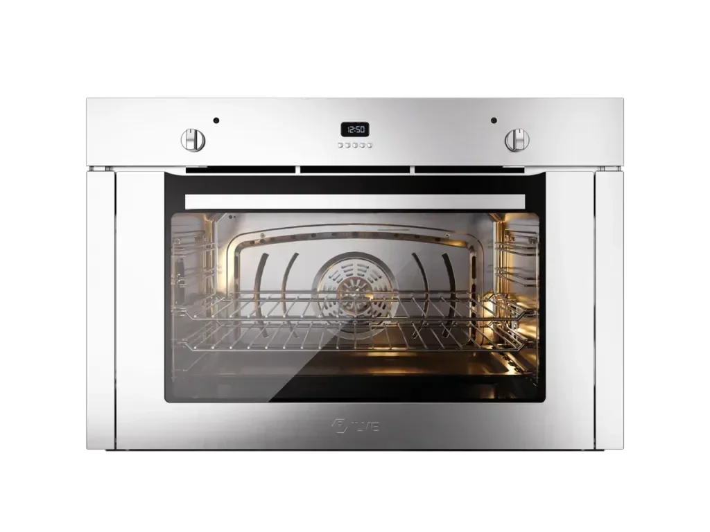 Stainless steel built-in oven with digital display and interior lighting, perfect for modern kitchen appliances.