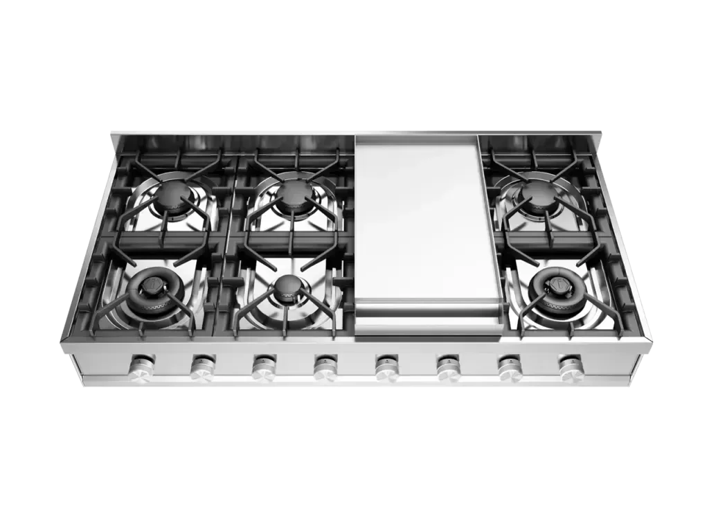 Stainless steel gas cooktop with six burners and griddle, ideal for designer kitchens