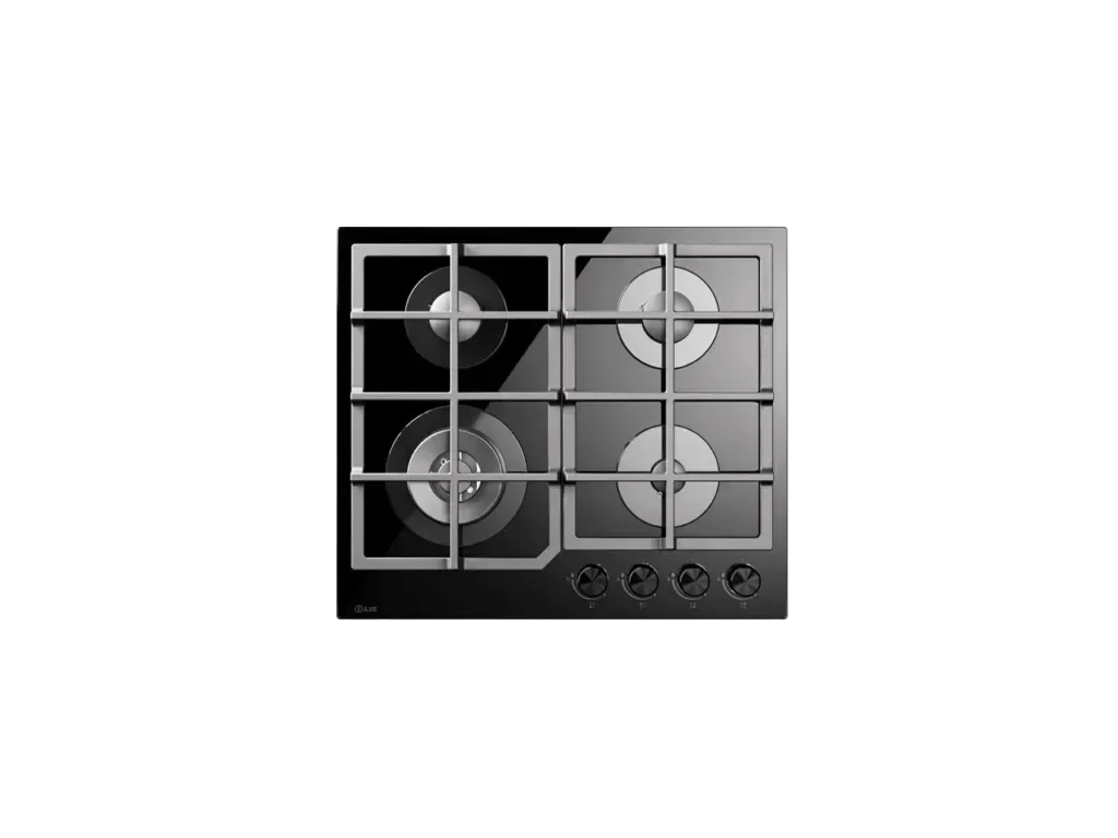 Black glass gas cooktop with four burners and control knobs, modern kitchen appliance
