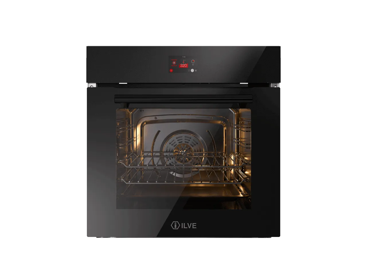 Black ILVE built-in oven with digital display and interior racks, modern kitchen appliance