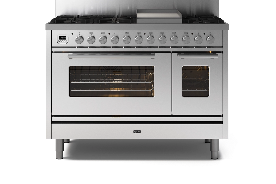 Stainless steel dual oven range with gas cooktop and griddle, perfect for designer kitchens