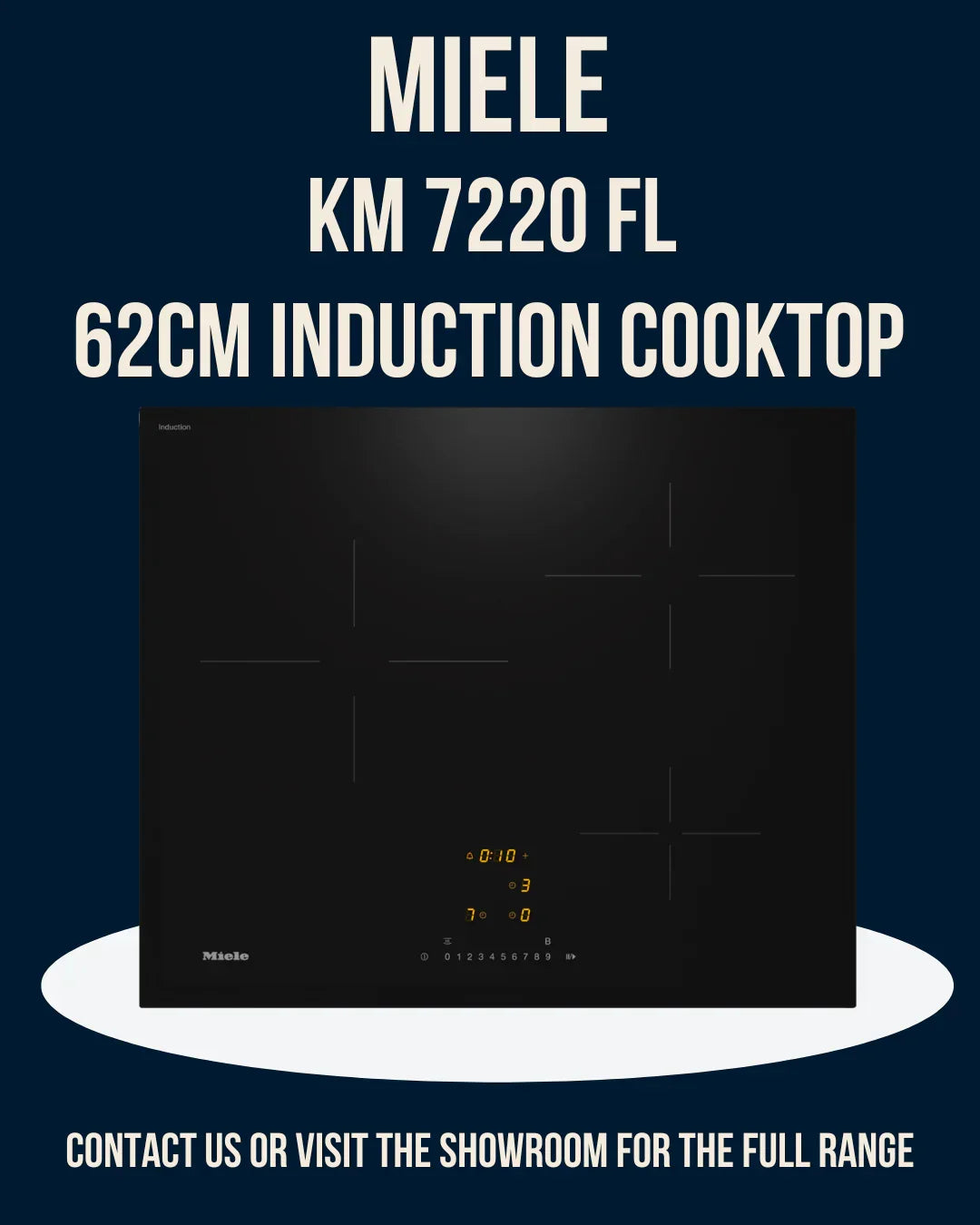 Miele KM 7220 FL 62cm induction cooktop with sleek black glass design and digital controls