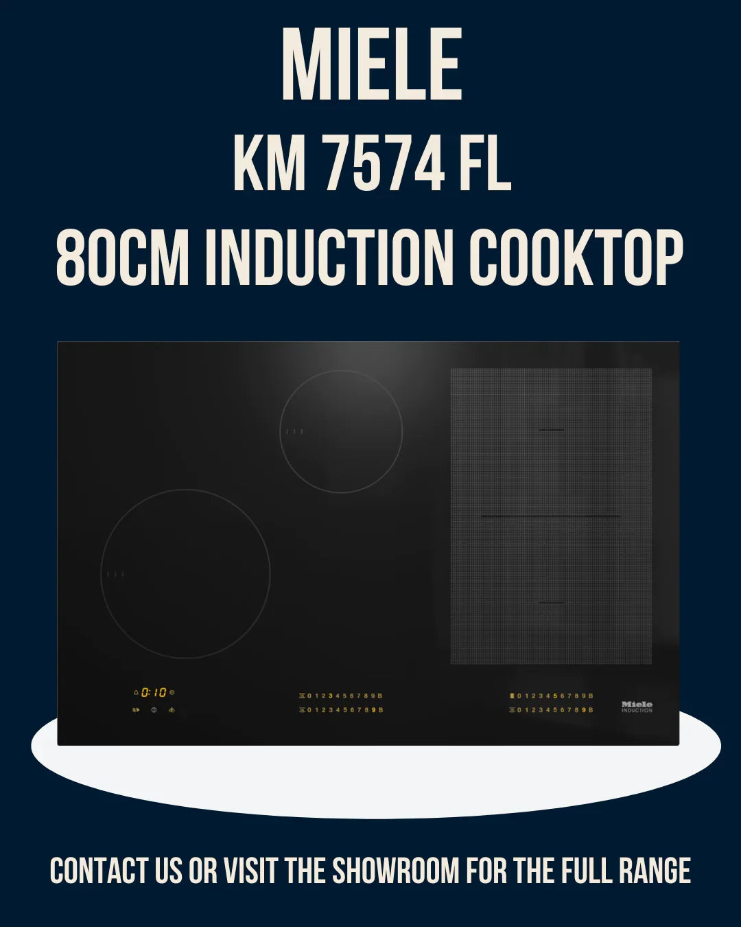 Miele KM 7574 FL 80cm induction cooktop with sleek black glass design and digital controls