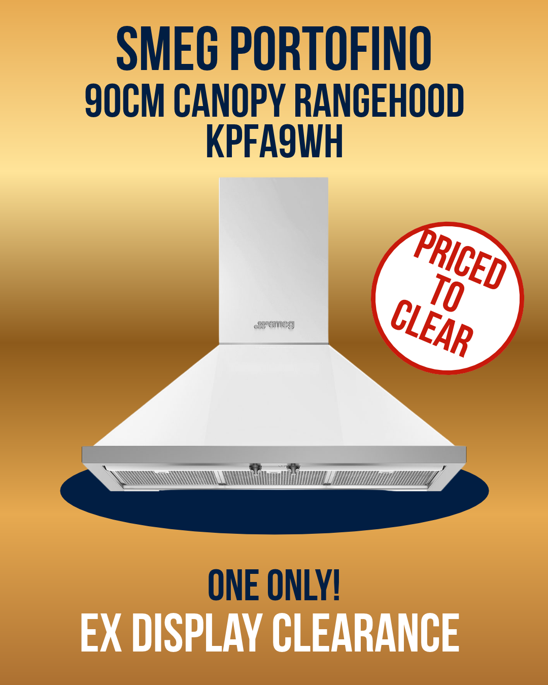 Promotional image for White Smeg Portofino 90cm Canopy Rangehood KPFA9WH - Ex Display Clearance