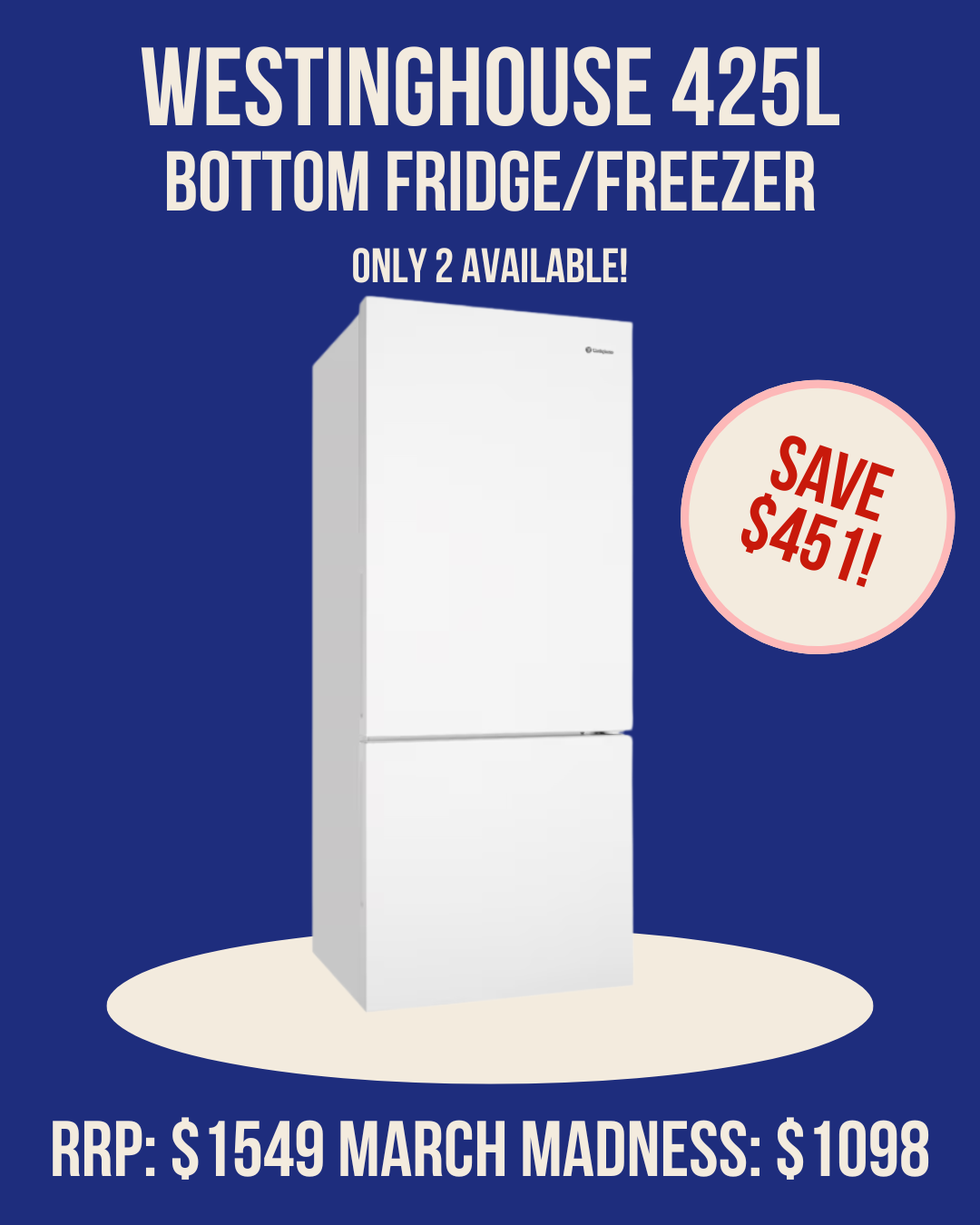 Westinghouse 425L bottom freezer fridge WBE4302WC-R