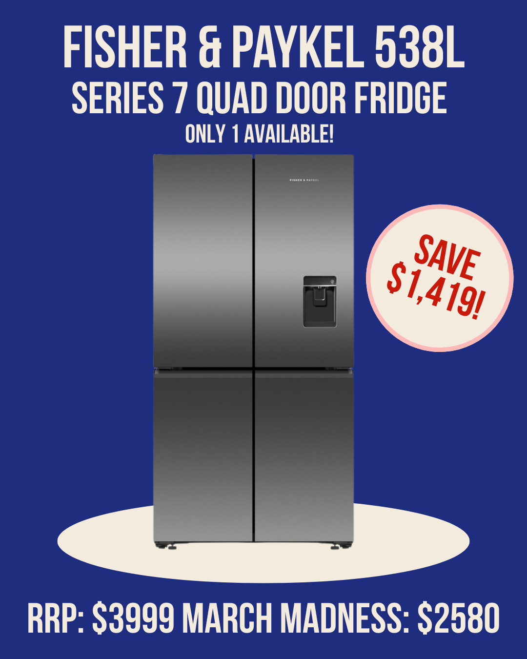 Fisher & Paykel 538L Series 7 Quad Door Refrigerator Freezer Ice & Water Black Stainless Steel RF605QNUVB1 *Ex-Display*