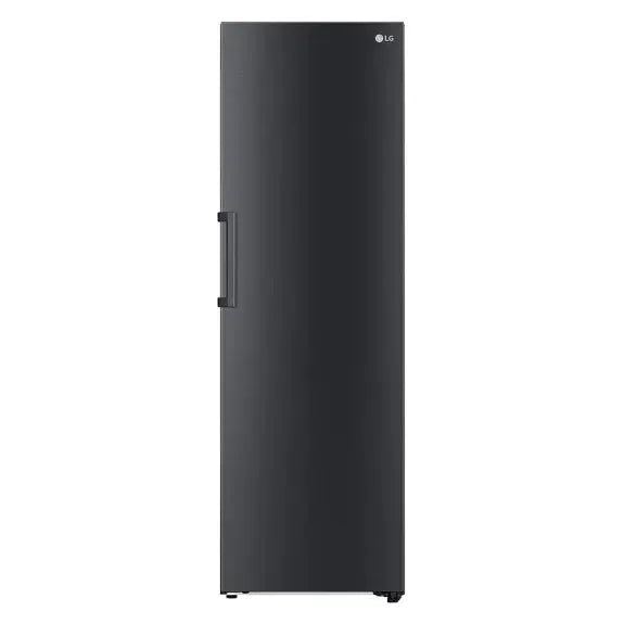 Sleek black LG upright freezer with modern handle, perfect for designer kitchens