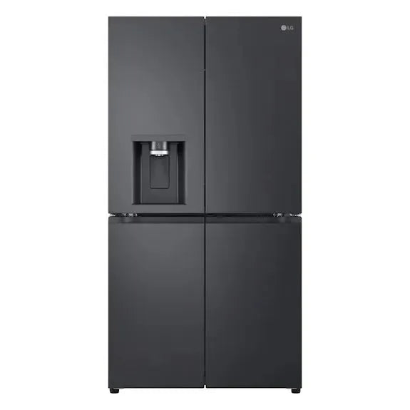 Sleek black LG French door refrigerator with built-in water dispenser, modern kitchen appliance