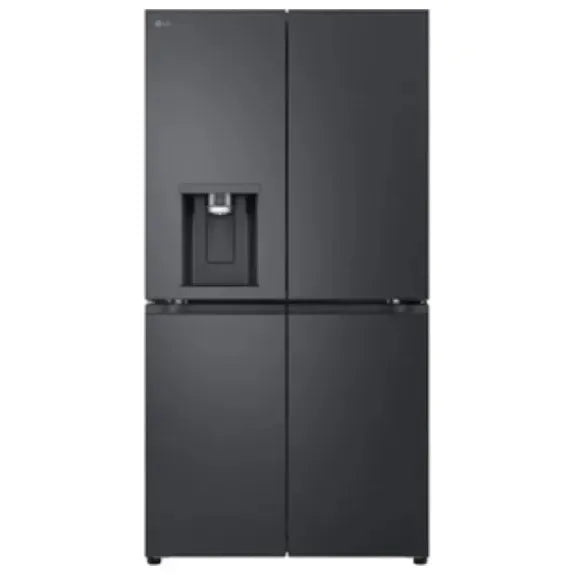Sleek black French door refrigerator with built-in water dispenser, perfect for modern kitchens.