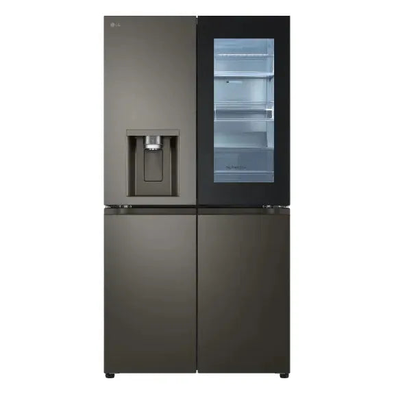 LG smart refrigerator with water dispenser and transparent door panel, modern kitchen appliance