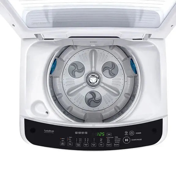 Top-loading washing machine with TurboDrum interior and digital control panel for smart laundry cycles