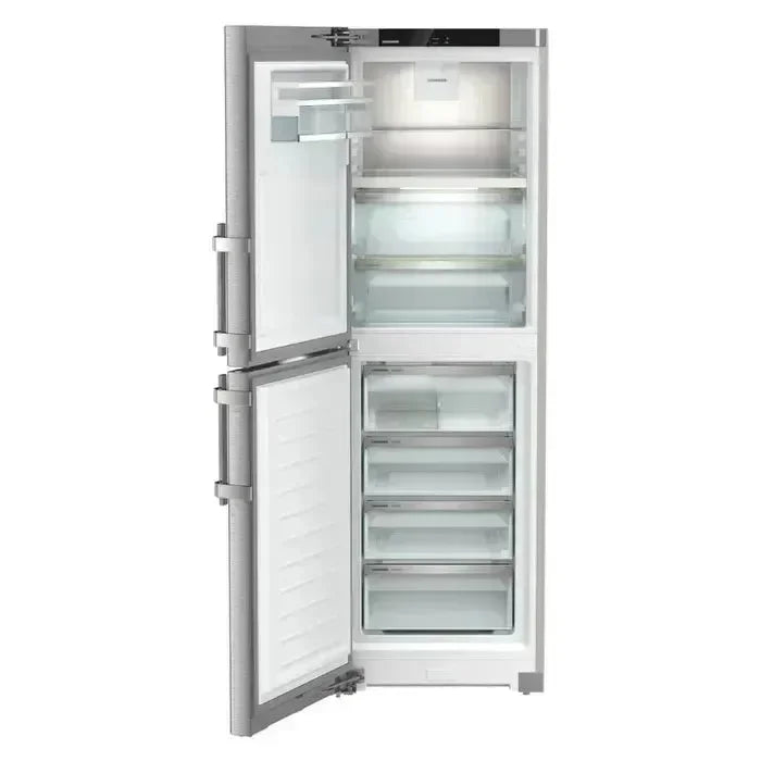 Stainless steel French door refrigerator with open doors, showcasing spacious interior shelves and drawers for kitchen storage.