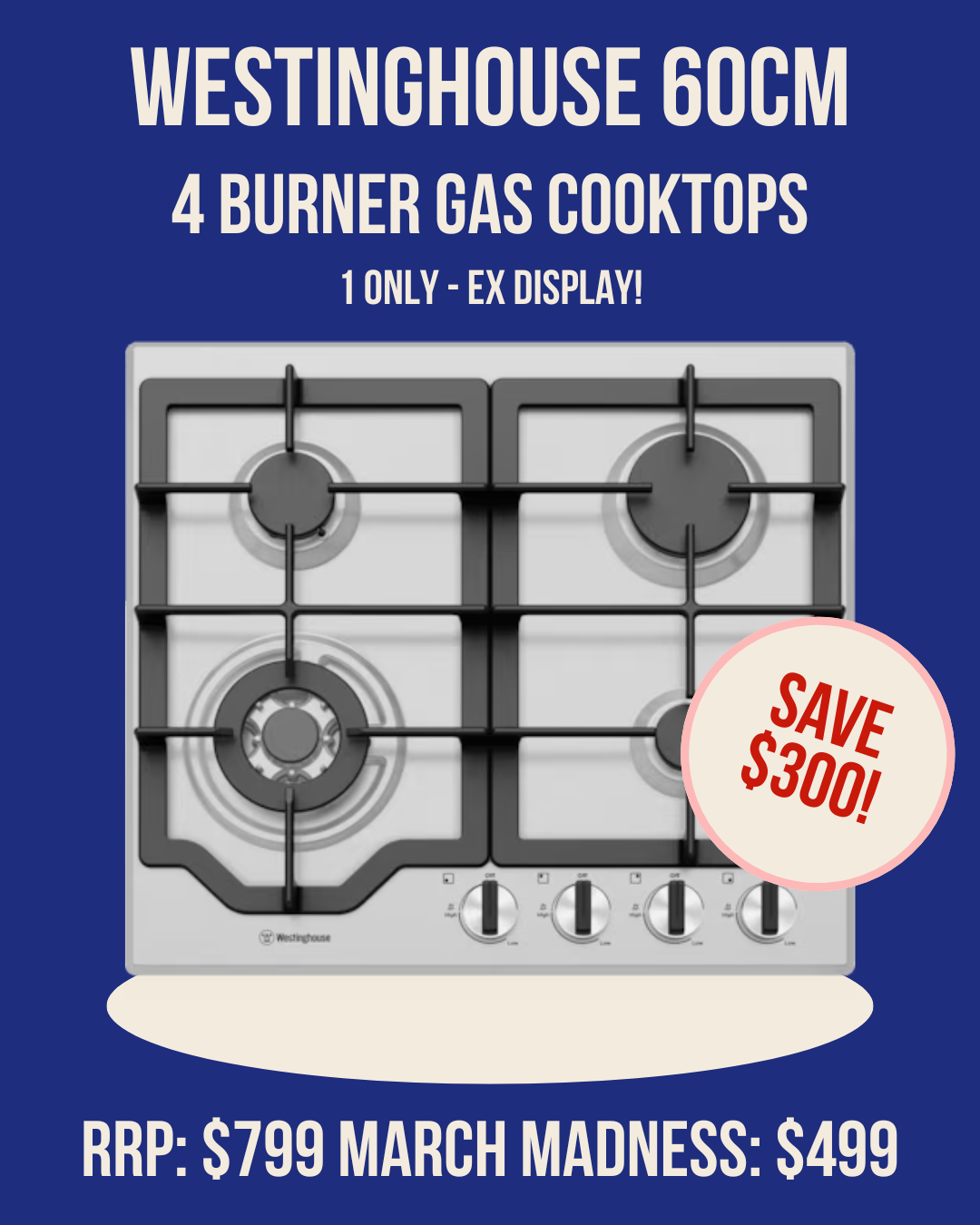 Westinghouse 60cm 4 Burner Gas Cooktop - WHG644SC *Ex-Display*