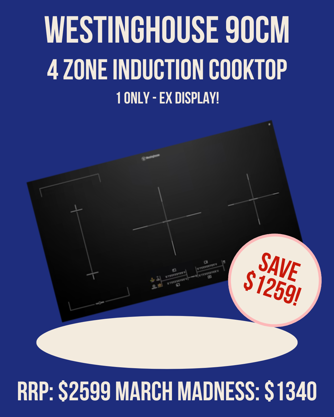 Westinghouse 90cm 4 Zone Induction Cooktop - WHI945BC *Ex-Display*