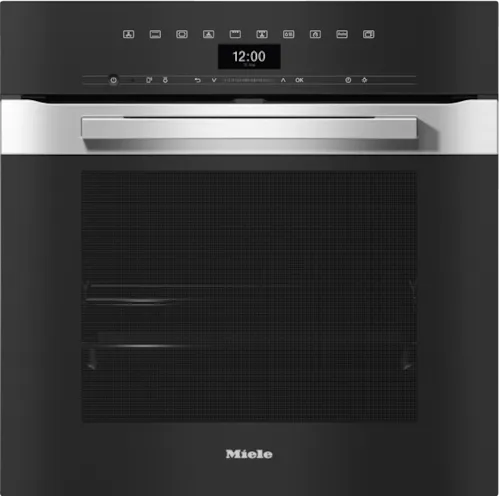Miele black glass upright induction cooker with digital display and stainless steel handle